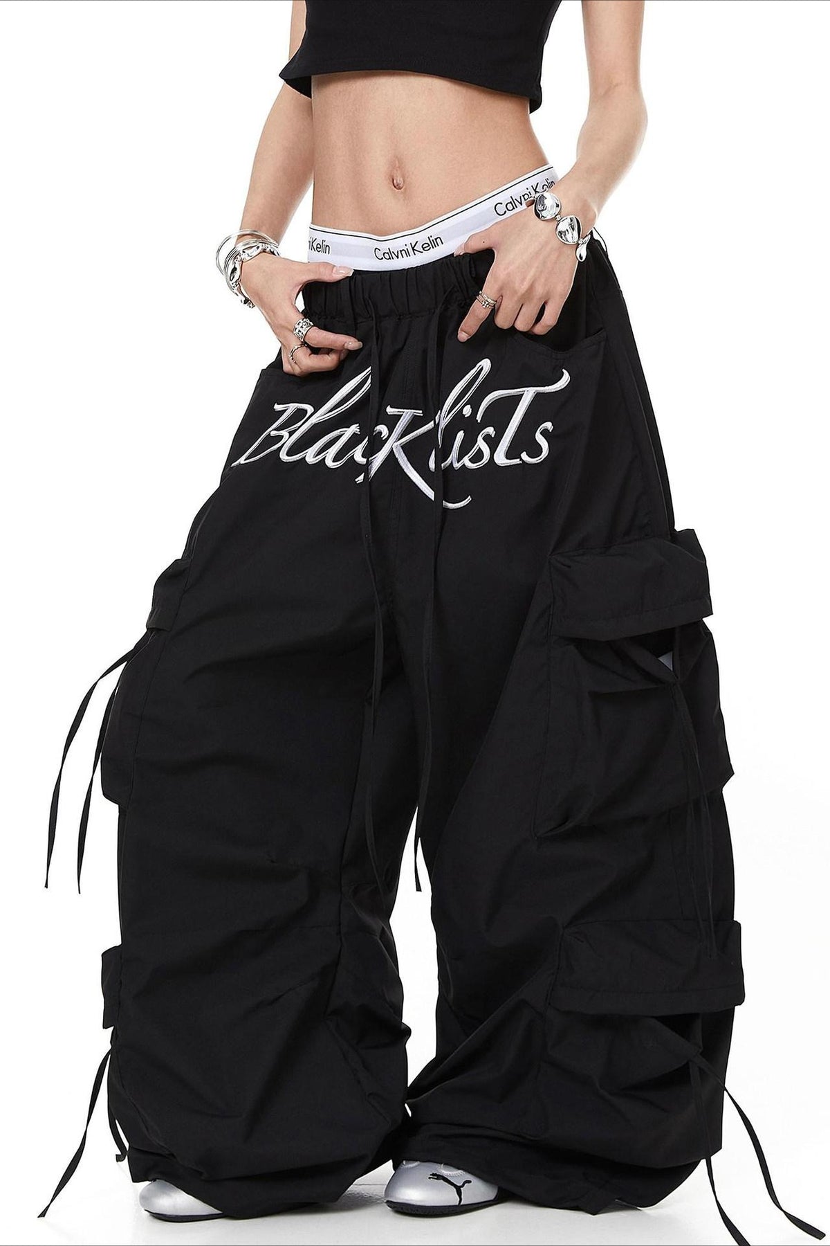 Embroidered Drawstring Cargo Pants