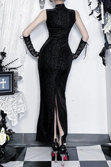 Dark Gothic Vintage Rhinestone Velvet Maxi Dress