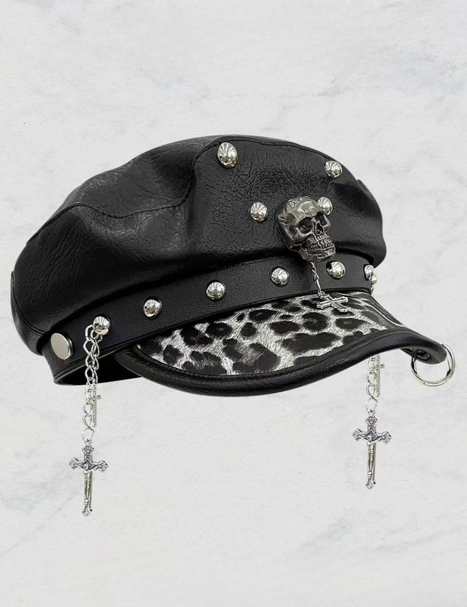 Punk Leopard Print Leather Beret Hat Main image