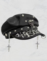 Punk Leopard Print Leather Beret Hat