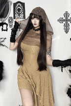 Khaki Gothic Hooded Mesh Cape And Dress