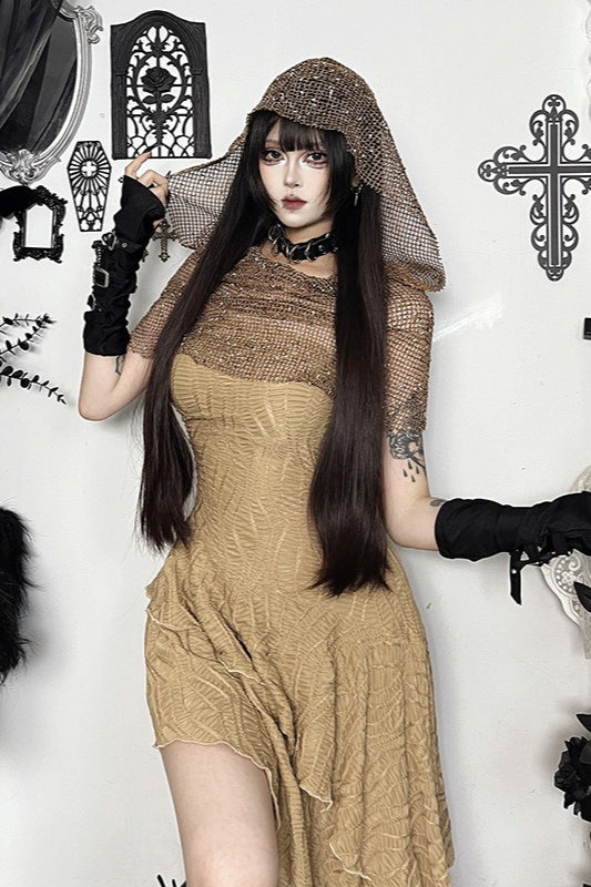 Khaki Gothic Hooded Mesh Cape And Dress