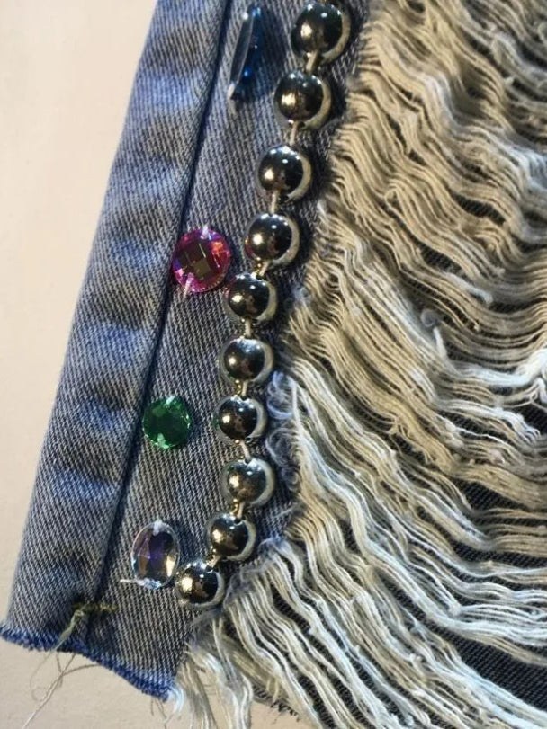 Rhinestone Detail Distressed Denim Shorts Secondary image