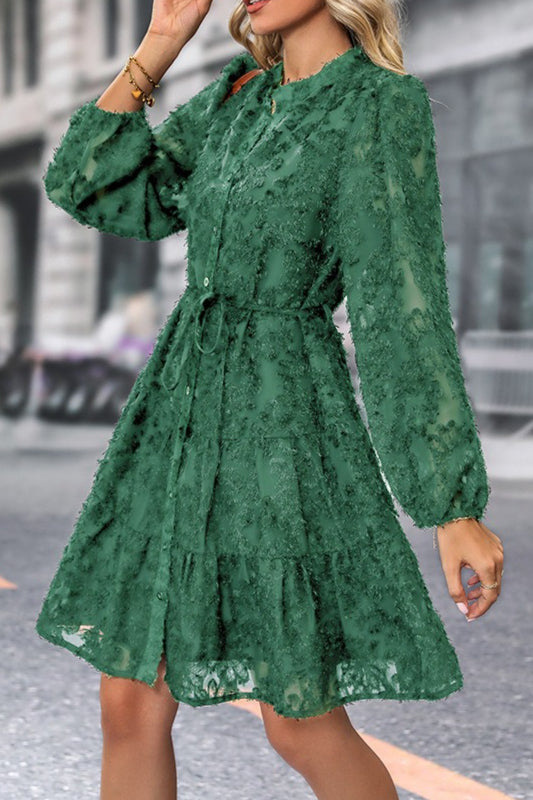 Button Front Floral Lace Tie Waist Dress