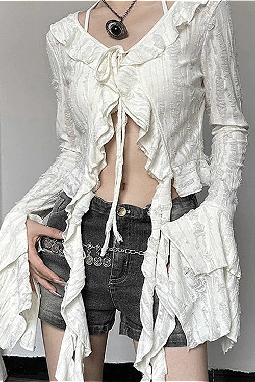 Ruffle V-Neck Bell Sleeve Crop Top