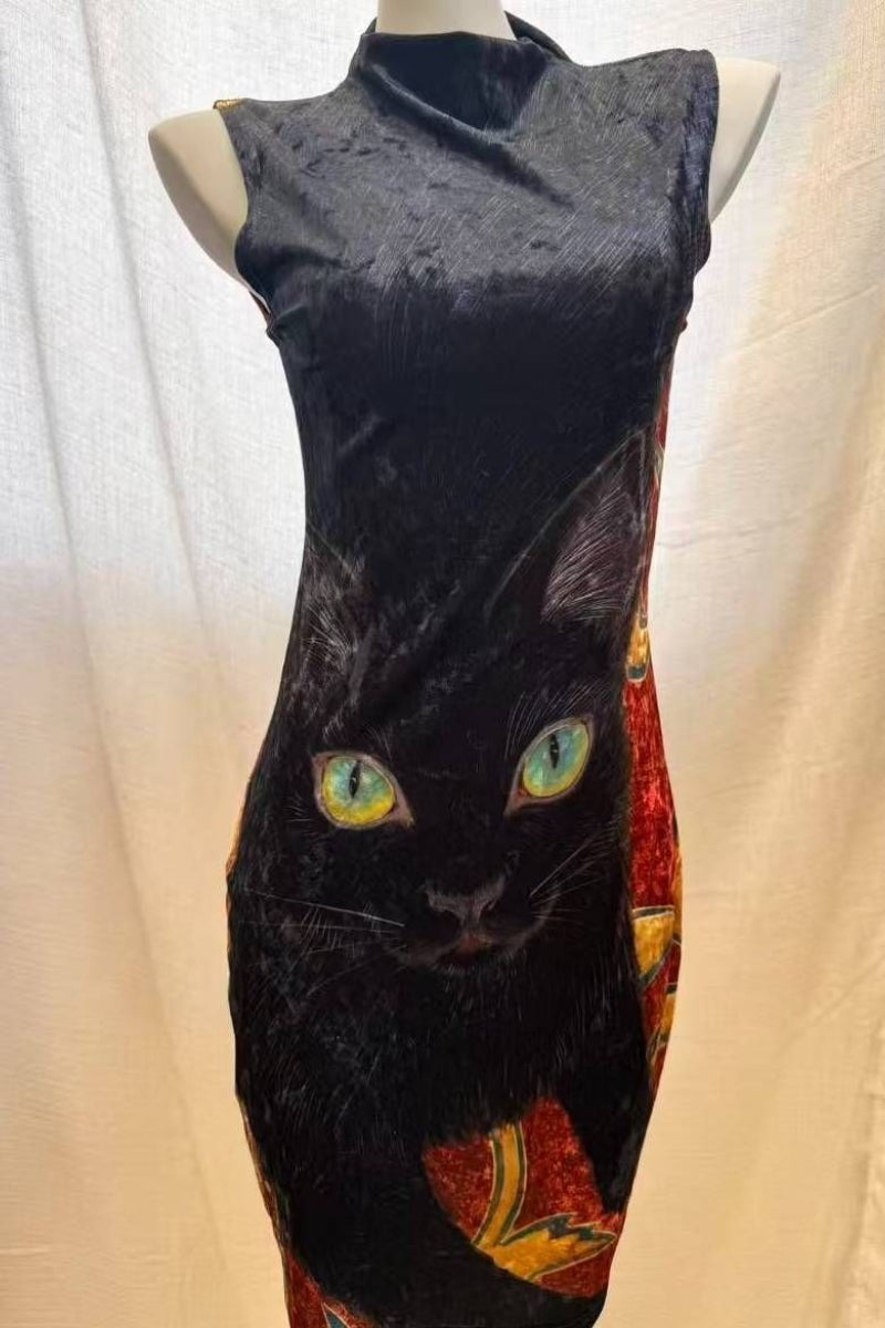 Black Cat Print Sleeveless Dress