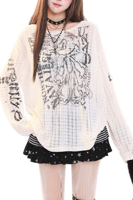Open Grid Graphic Oversized Sweatshirt