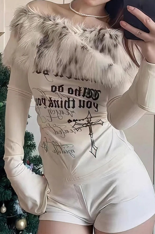 Y2K Fur Collar Slim Off Shoulder Knit Top Secondary image