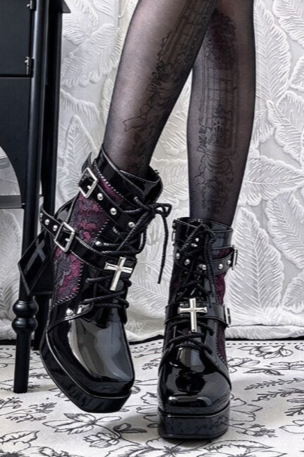 Cross Charm Lace Up Platform Boots