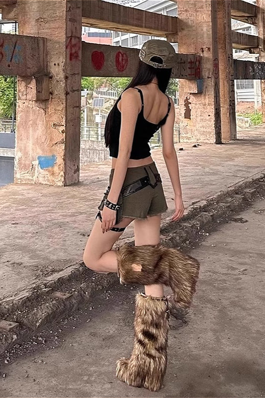 Vintage Army Green Denim Fringe Shorts
