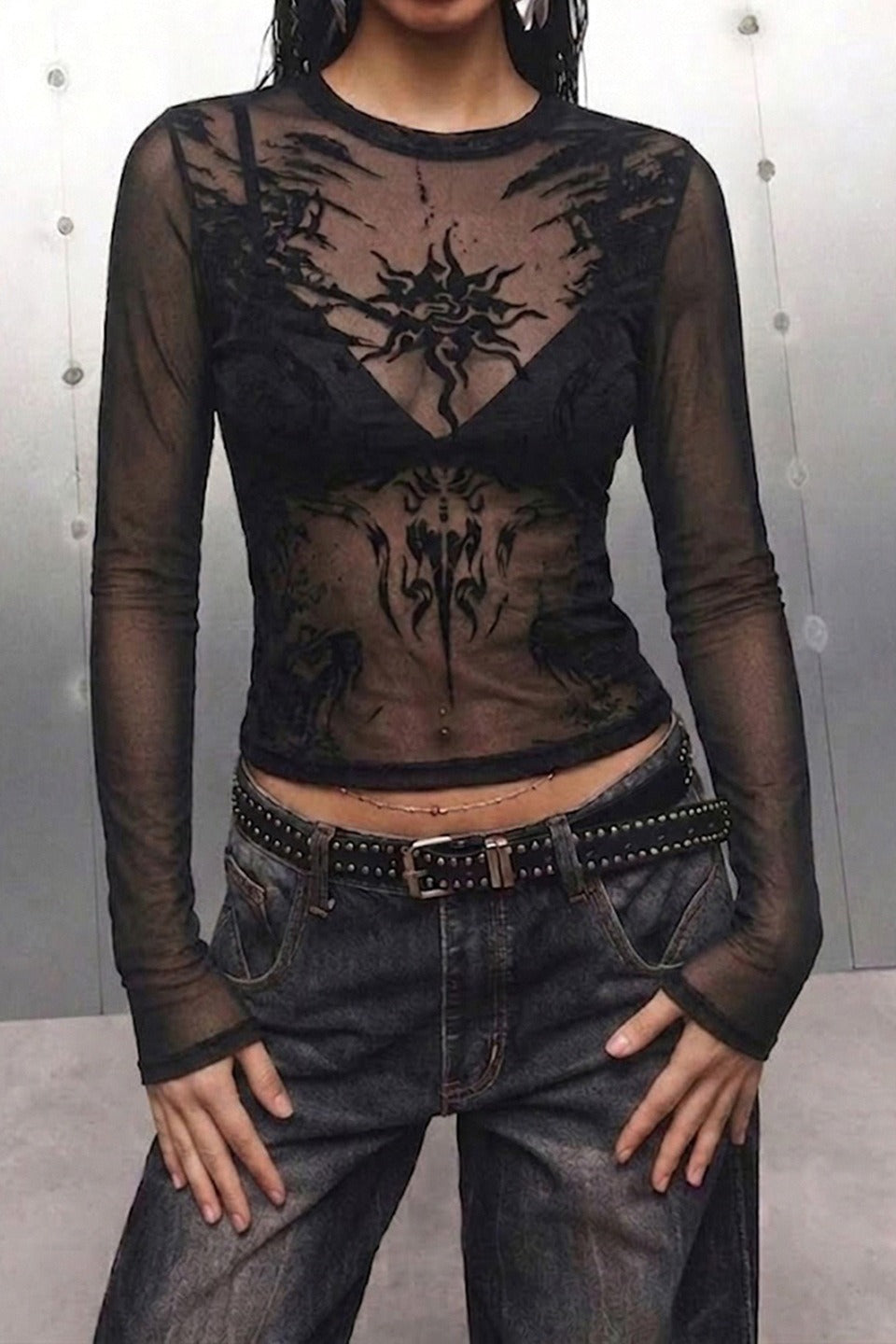 Sheer Ornate Print Long Sleeve Crop Tops