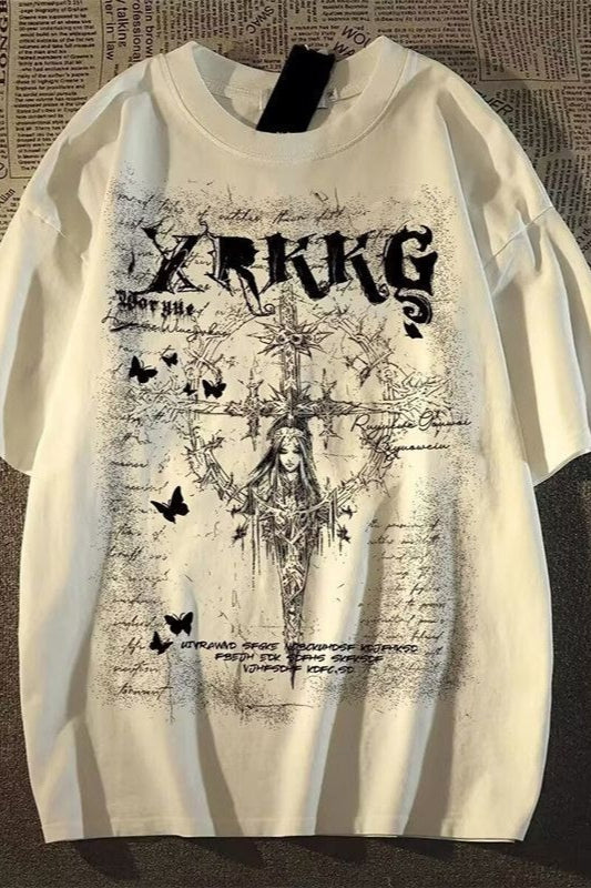 Retro Streetwear Cross Print Cotton Loose T-shirt Secondary image