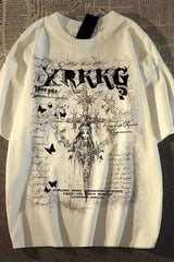 Retro Streetwear Cross Print Cotton Loose T-shirt