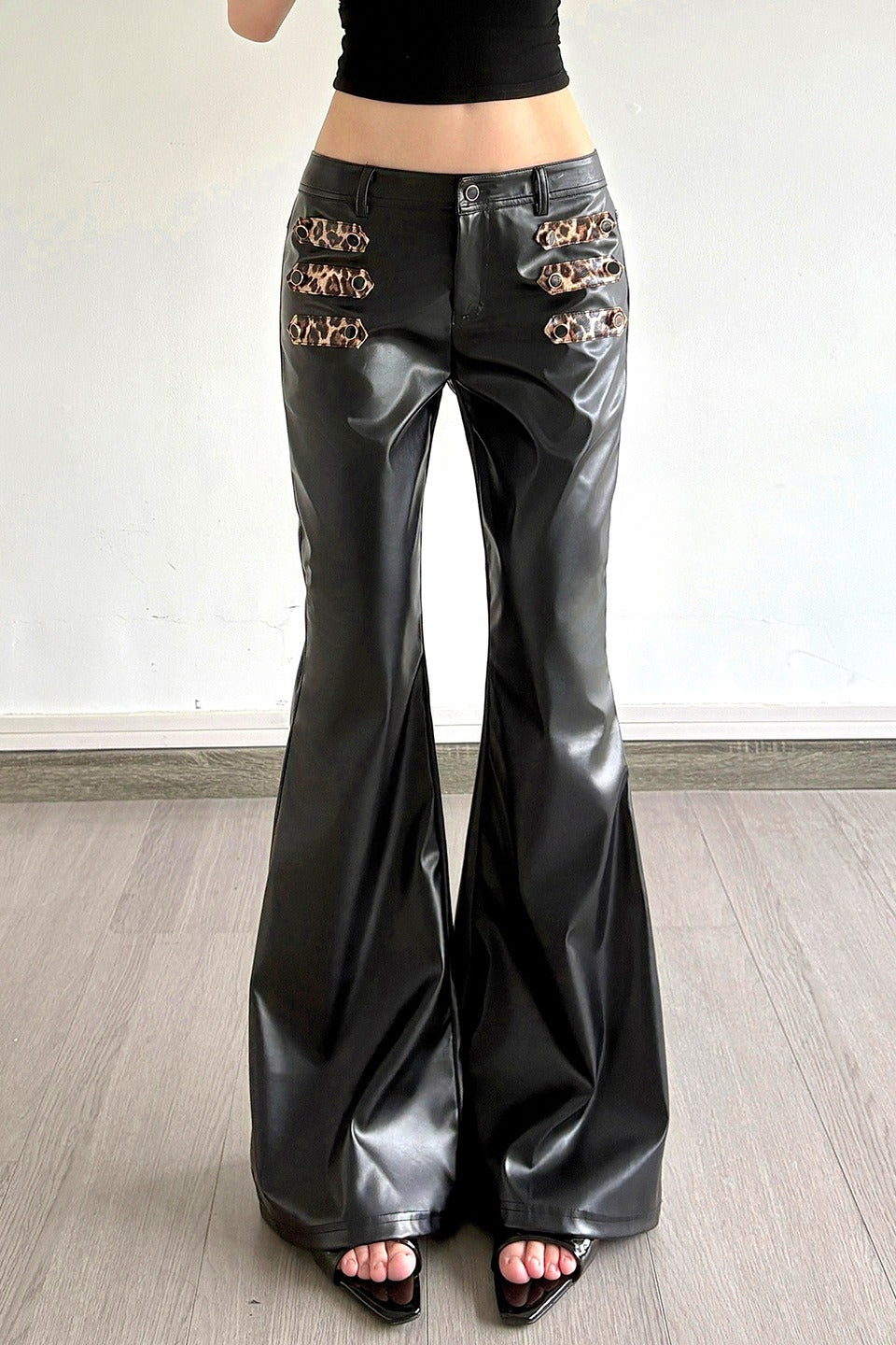 Leopard Strap Faux Leather Flare Pants Main image
