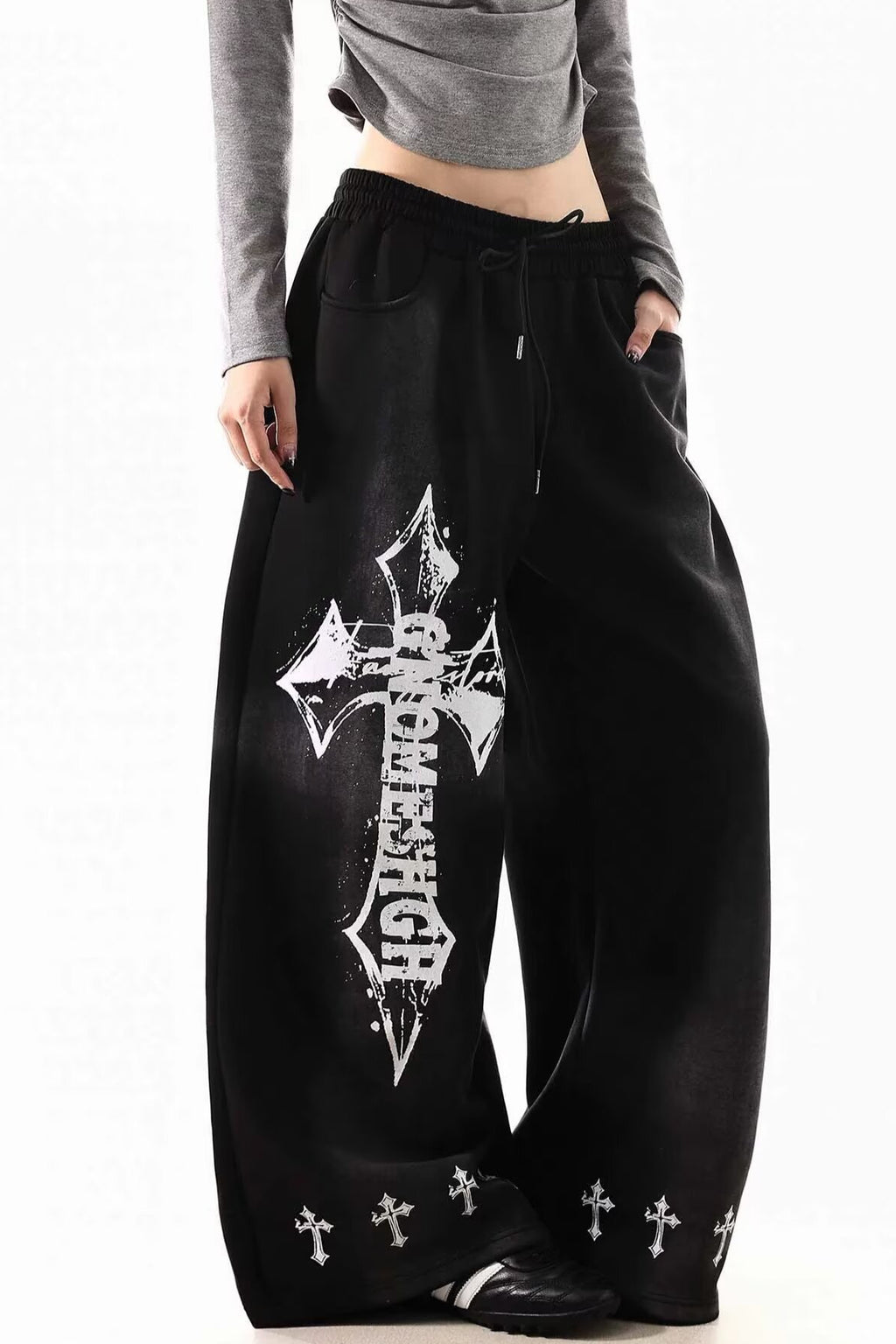 Cross Print Barrel Denim Pants