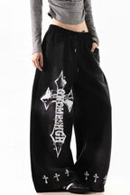 Cross Print Barrel Denim Pants