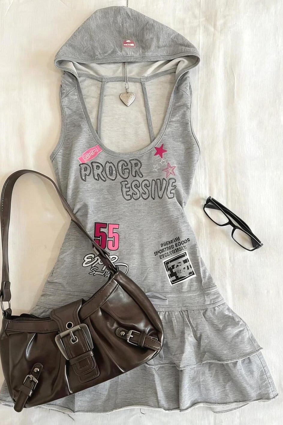 Vintage Gray Sleeveless Hooded Letter Print Mini Dress Secondary image