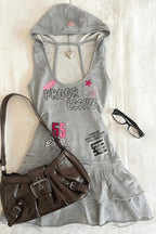 Vintage Gray Sleeveless Hooded Letter Print Mini Dress