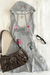 Vintage Gray Sleeveless Hooded Letter Print Mini Dress