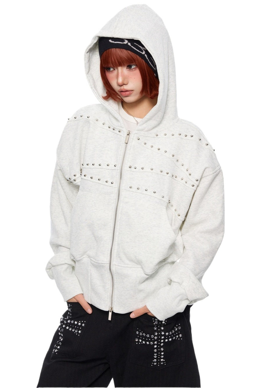 Washed Studded Cropped Zip Hoodies