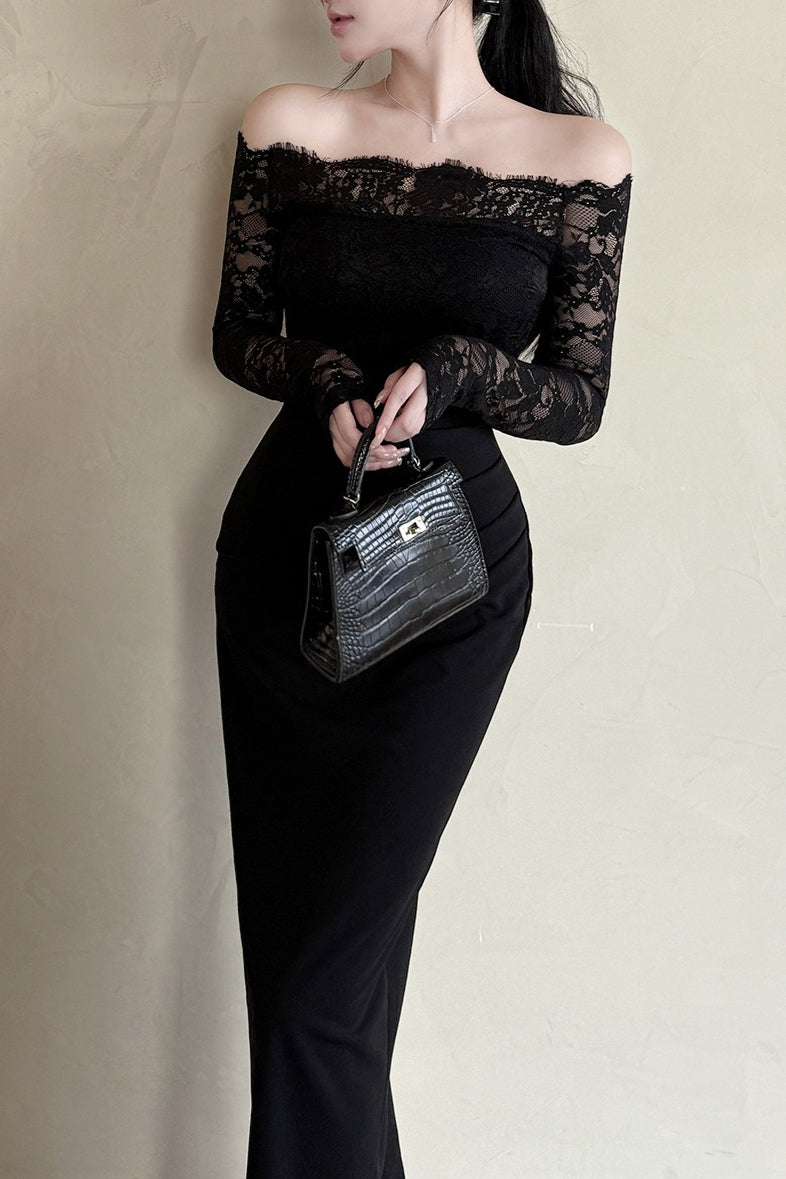 Gothic Off-the-Shoulder Lace Patchwork Maxi Dress
