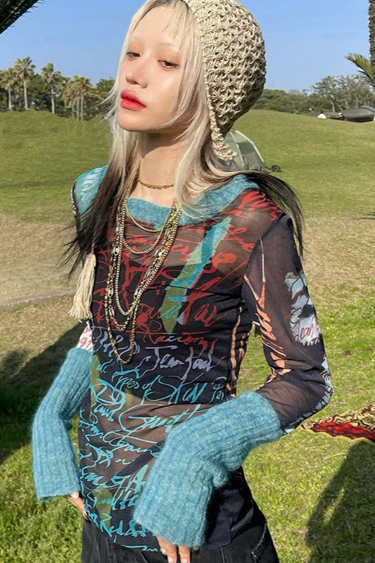 Futuristic Long Sleeve Crew Neck Print Mesh Top Main image