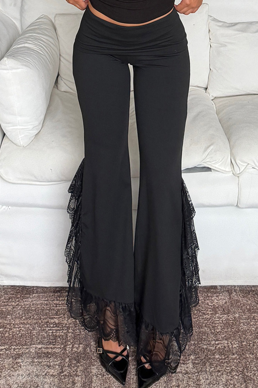 Lace Hem Foldover Flared Pants
