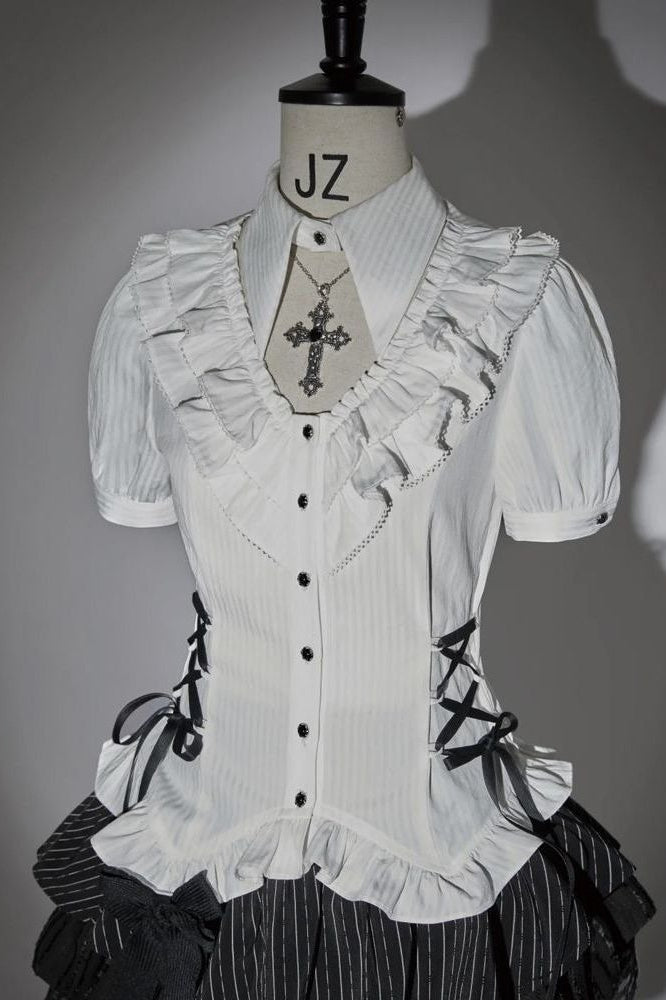 White Gothic Blouse And Tiered Mini Skirt Set