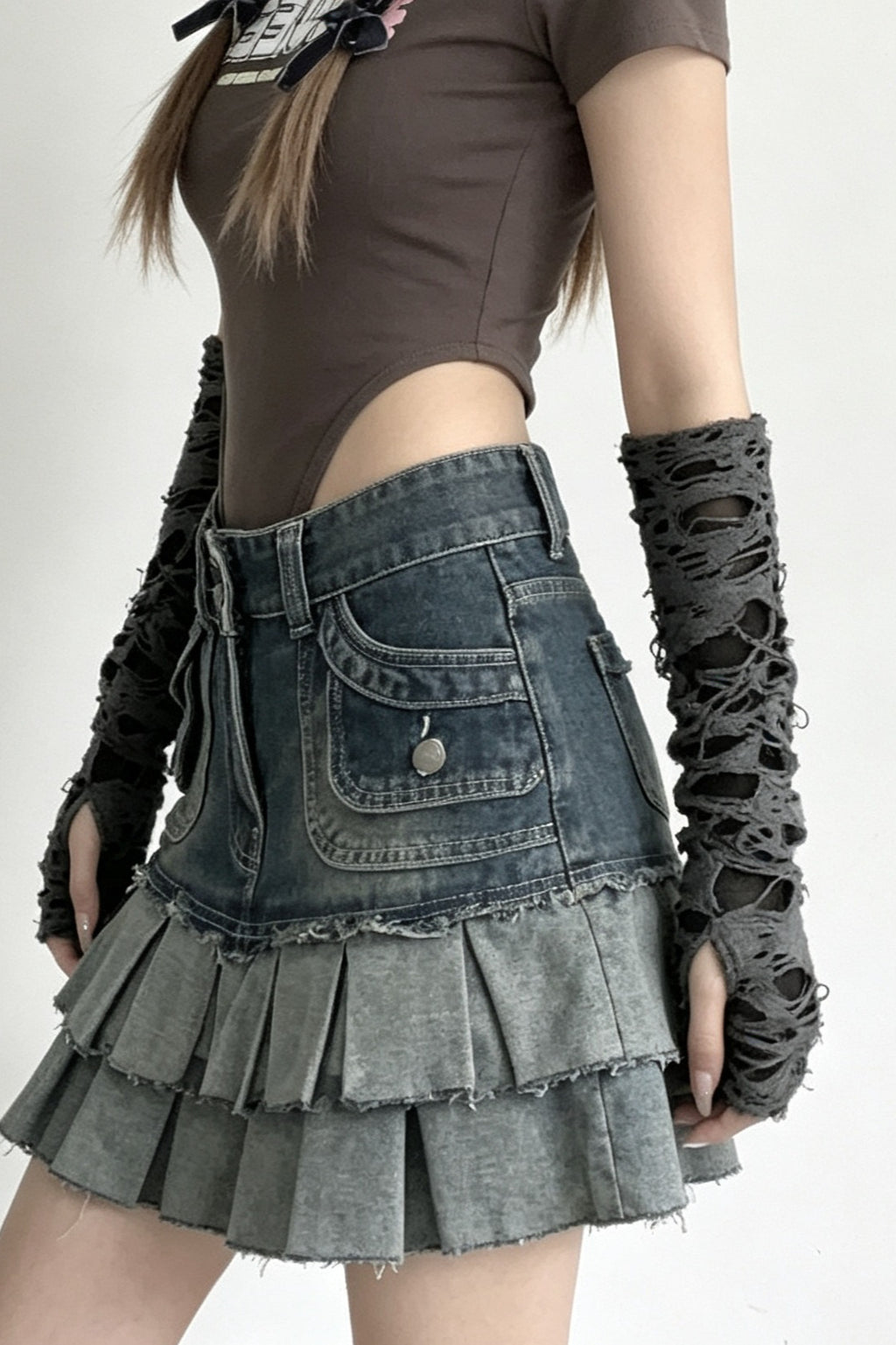 Layered Torn Texture Fingerless Gloves