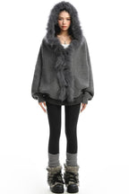 Plush Trim Hooded Button Sweaters