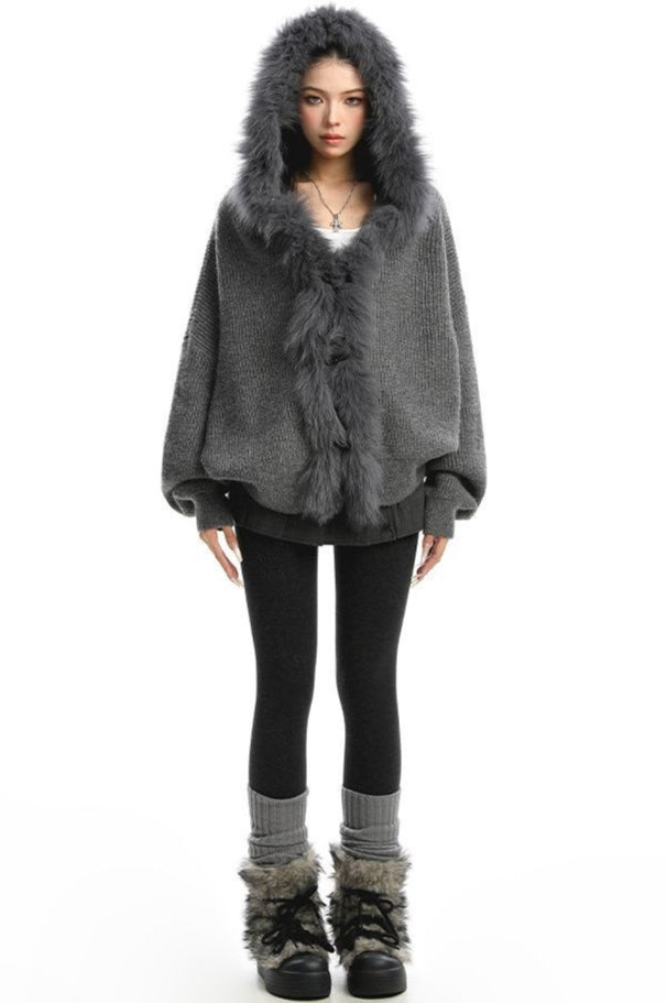 Plush Trim Hooded Button Sweaters