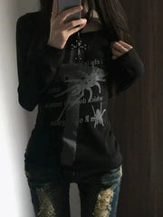Vintage Punk Print Slim Long-sleeve Y2k Knit Top
