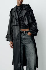 Belted Faux Leather Oversized Long Trench Coat
