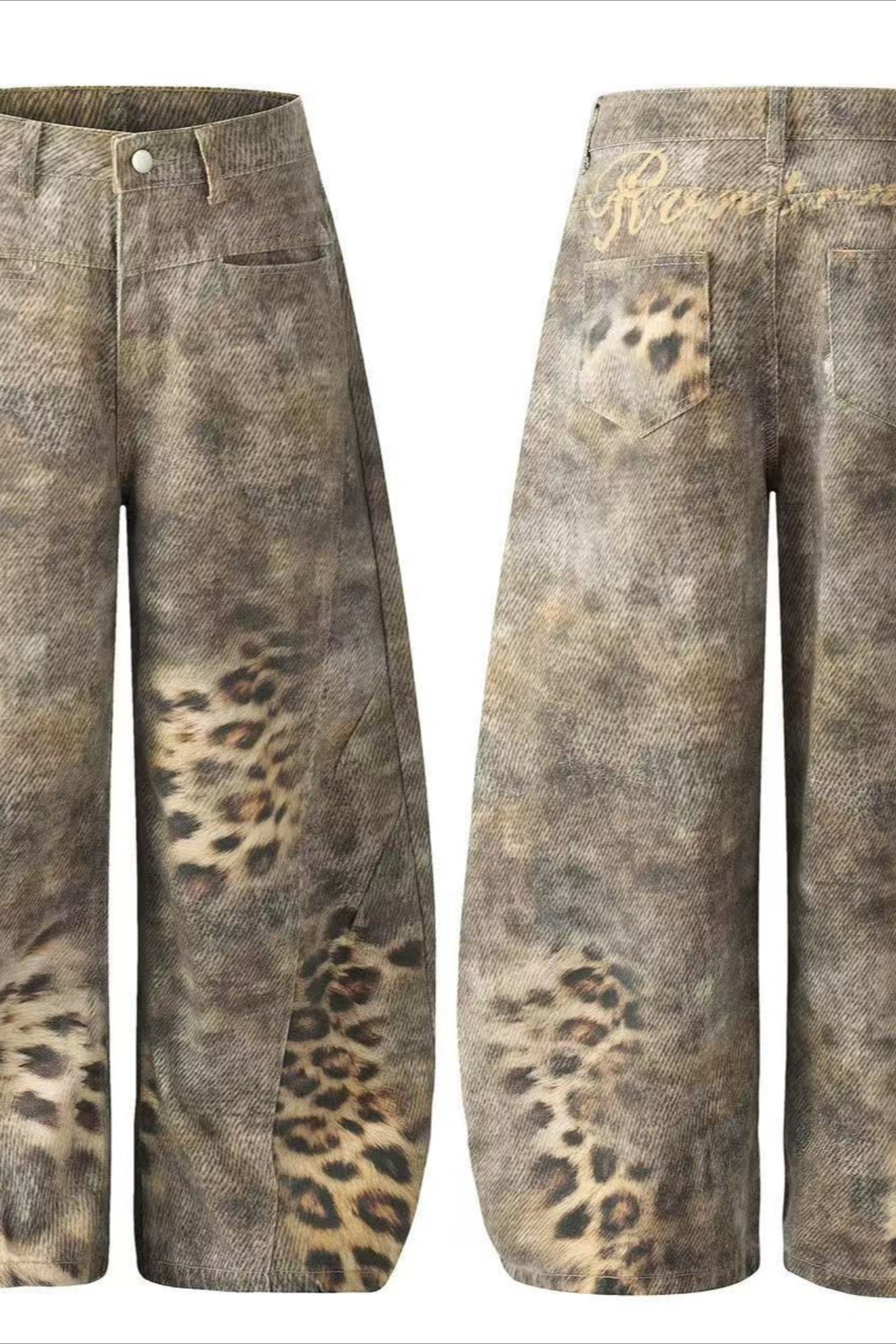 Brown Leopard Panel Barrel Jeans