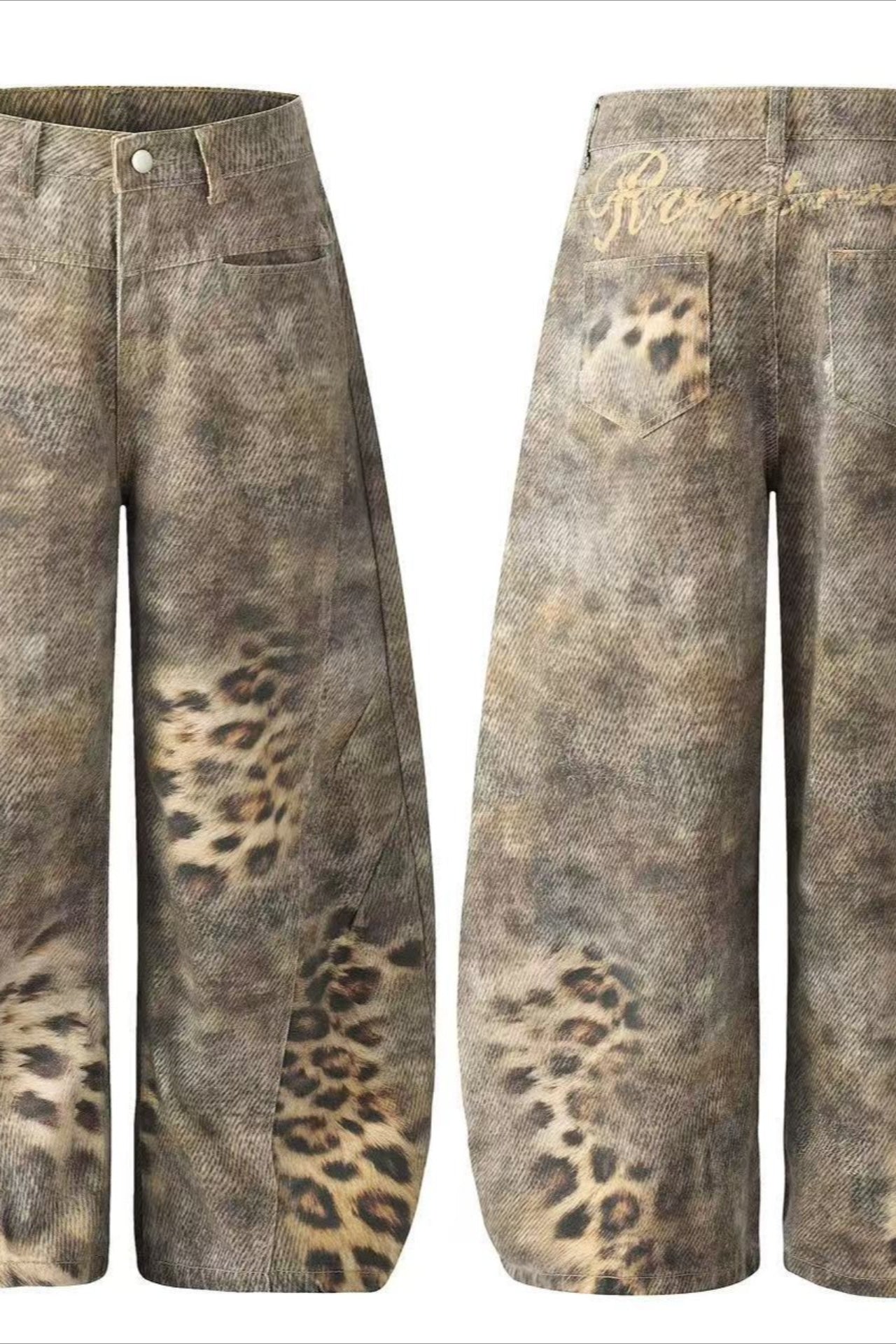 Brown Leopard Panel Barrel Jeans