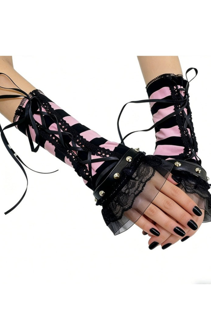 Pink Striped Lace Up Gloves