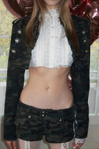 Camo Denim Cropped Jacket And Shorts Set