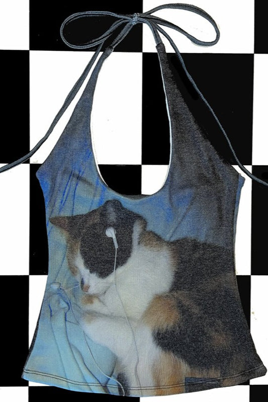 Retro Y2K Cute Cat Printed Halter Top Secondary image