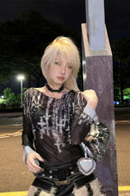 Grunge Streetwear Graphic Mesh Long Sleeve Mesh Top