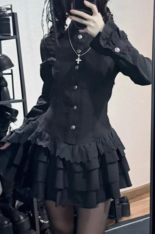 Dark Lace Patchwork Button Front Ruffle Mini Dress Main image