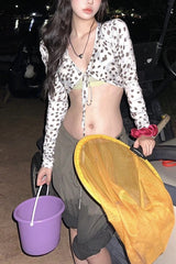 Edgy Y2K Print Tie Detail Slim Crop Top