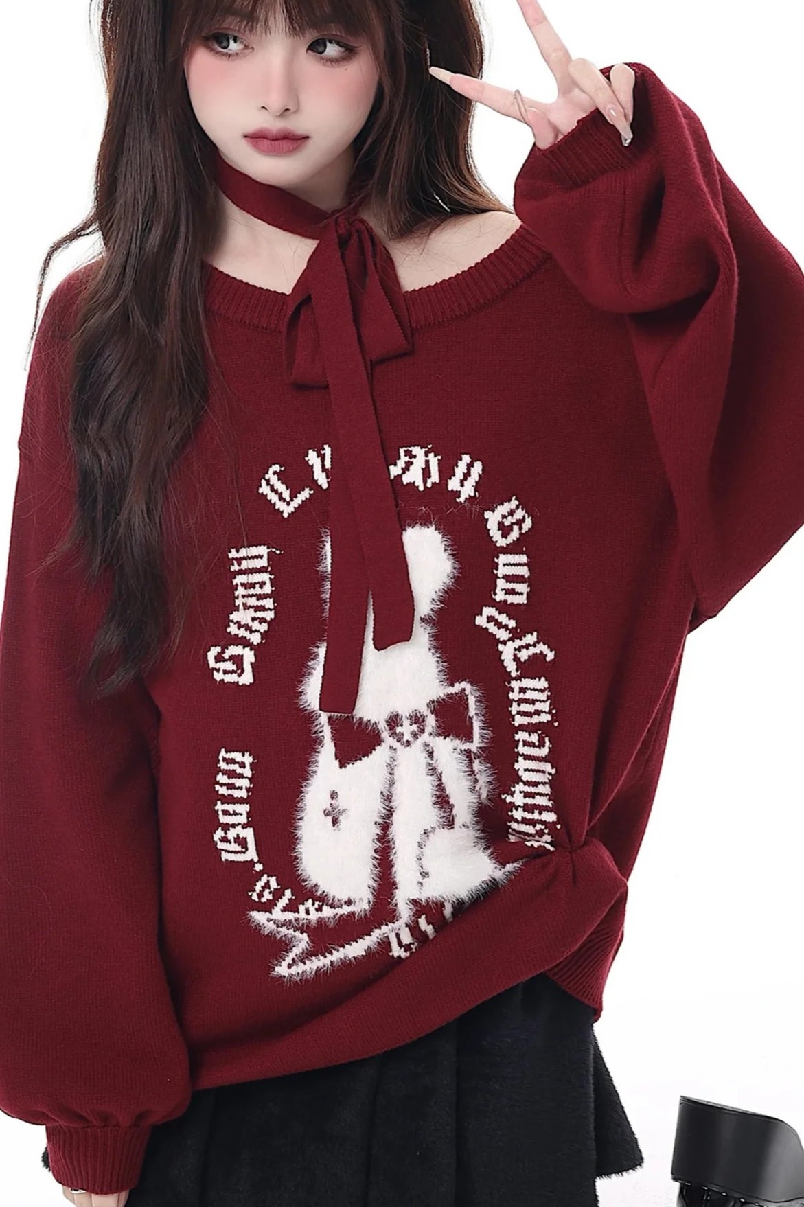 Christmas Bunny Lantern Sleeve Oversized Knit Sweater Secondary image