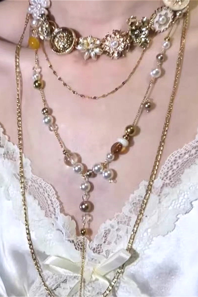 Retro Stacked Layer Flower Bead Pendant Necklace Main image