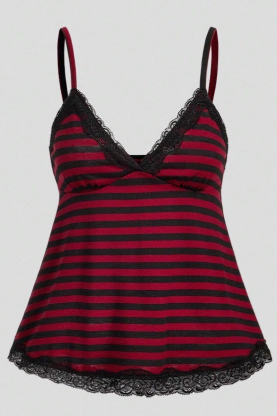 Striped Lace Trim Flared Tank Top Main image