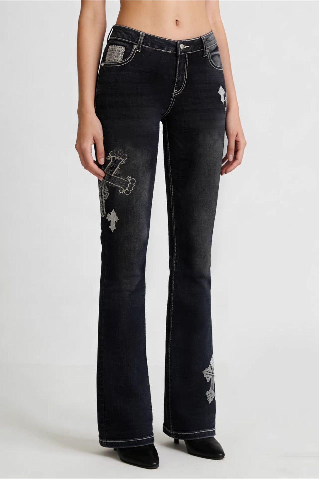 Cross Print Washed Flare Jeans