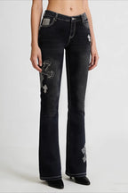 Cross Print Washed Flare Jeans