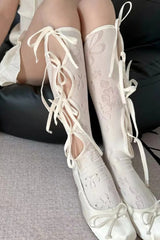 Y2K Bow Floral Net Mid Tube Socks
