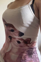 Watercolor Deer Lace Trim Tank Top