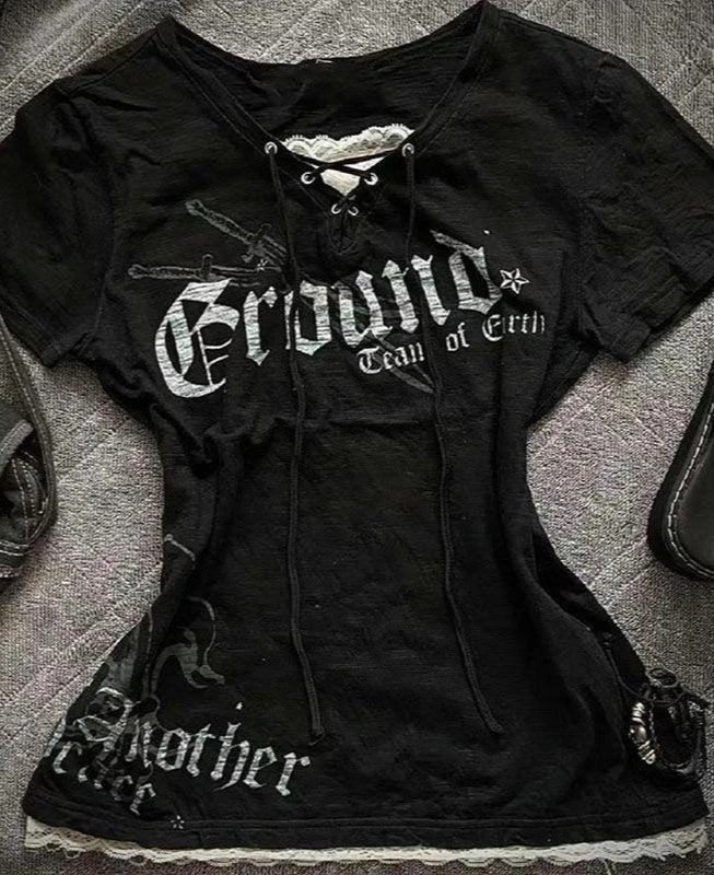 Gothic Vintage Distressed Letter Print T Shirt