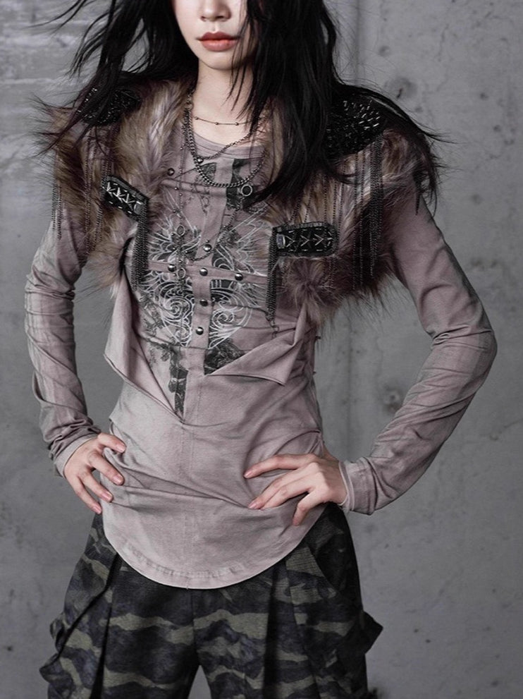 Gothic Fur Rivet Print Vintage Long Sleeve T-shirt
